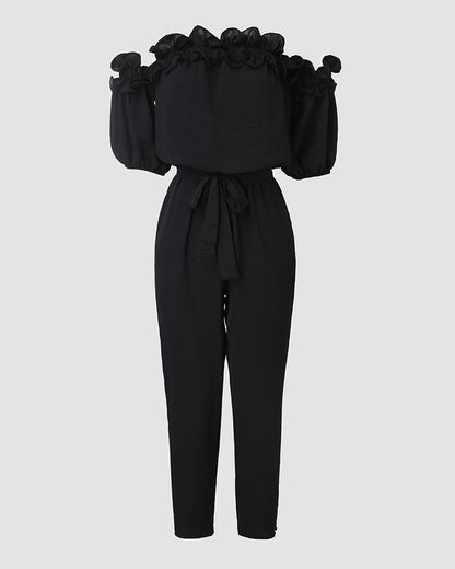 Off Shoulder Frill Hem Tied Detail Jumpsuit