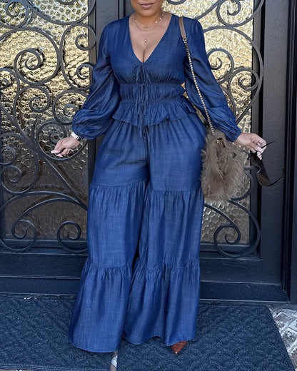 Two-Piece Set Faux Denim Lantern Sleeve Plunge V Neck Lace Up Top and Casua Wide Leg Flared Pants Set