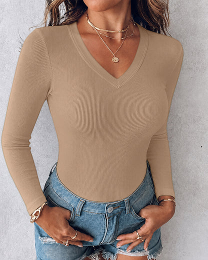 Women's V Neck Long Sleeve Ribbed Knit Top Slim Fit Base Layer Shirt Soft Stretchy Casual Tee with Built-in Bra