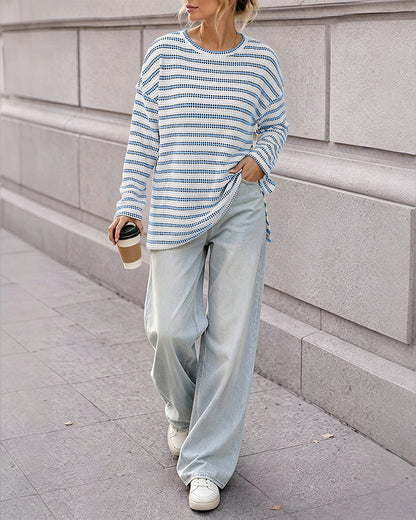 Women's Striped Textured Knit Long Sleeve T-Shirt Casual Side Slit Loose Fit Top