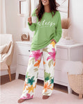 Women's 2 Piece Pajama Set Letter Long Sleeve Top and Floral Straight Leg Pants Casual Loungewear