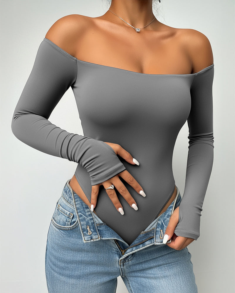 Off Shoulder Long Sleeve Slim Fit Versatile Bodysuit with Thumb Hole Cuffs