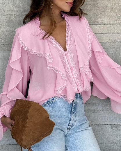 V-Neck Long Sleeve Button Front Eyelash Lace Spliced Blouse Casual Ruffles Patchwork Semi-Sheer Top