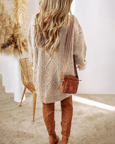 Round Neck Long Sleeve Drop Shoulder Pullover Sweater Casual Loose Fit Cable Knit Mid-length Sweater