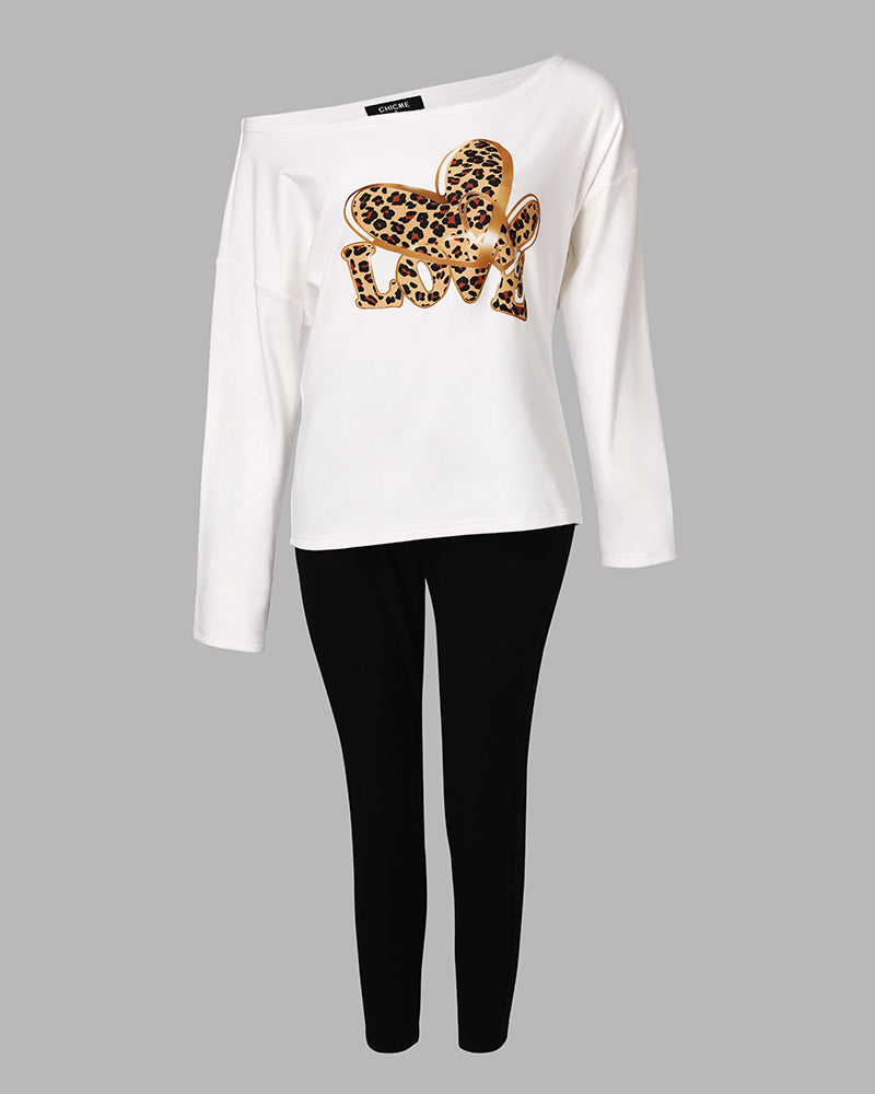2 Piece Leopard Heart Love Print Skew Neck Top Drawstring Waist Pants Casual Tracksuit Set