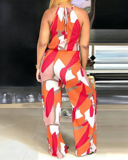 Women's Geometric Print Halter Tie Jumpsuit Criss Cross Neck Hollow Out Wide Leg Romper High Waist Drawstring Jumpsuit