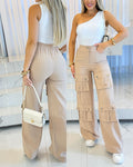 High Waist Zipper Fly Multiple Flap Pockets Design Utility Pants Casual Elastic Back Waist Wide Leg Cargo Pants