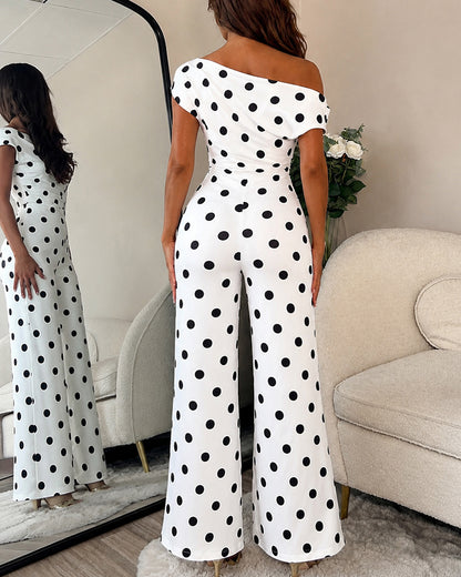 Women's Polka Dot Jumpsuit Skew Neck Ruched Wide Leg Overalls Casual High Waisted Jumpsuit with Pockets