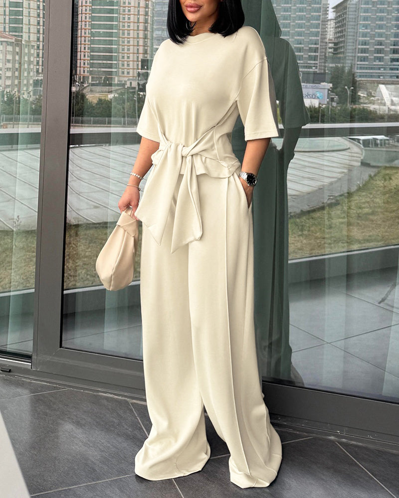 Women's 2 Piece Outfits Tied Waist Half Sleeve Top and High Waisted Pleated Wide Leg Pants Casual Loungewear