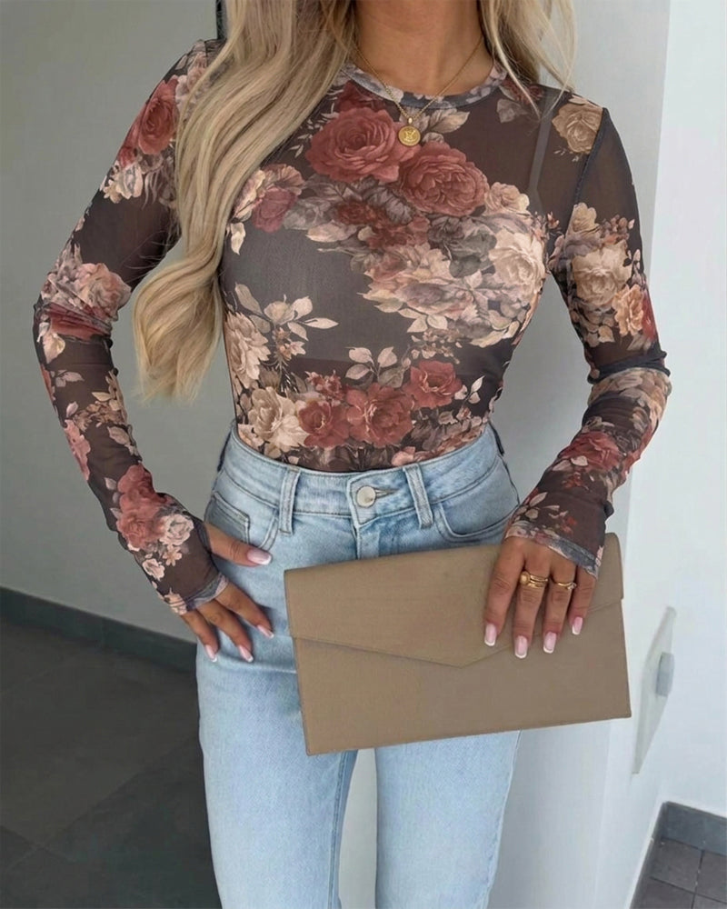 Women's Vintage Floral Print Sheer Mesh Top Long Sleeve Slim Fit Crewneck Layering Top with Thumb Hole Cuffs