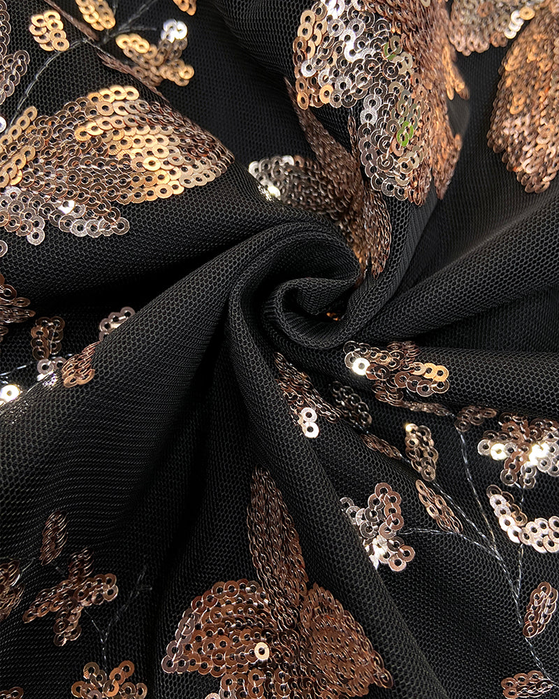 Floral Pattern Baseball Collar Long Sleeve Coat Contrast Sequin Zip Up Jacket