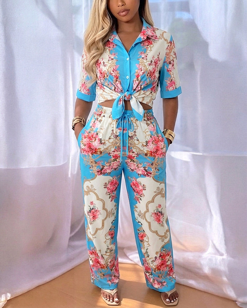 Women's Palace Style Vintage Floral 2 Piece Outfits Button Down Shirt and High Waisted Wide Leg Pants Set with Pockets