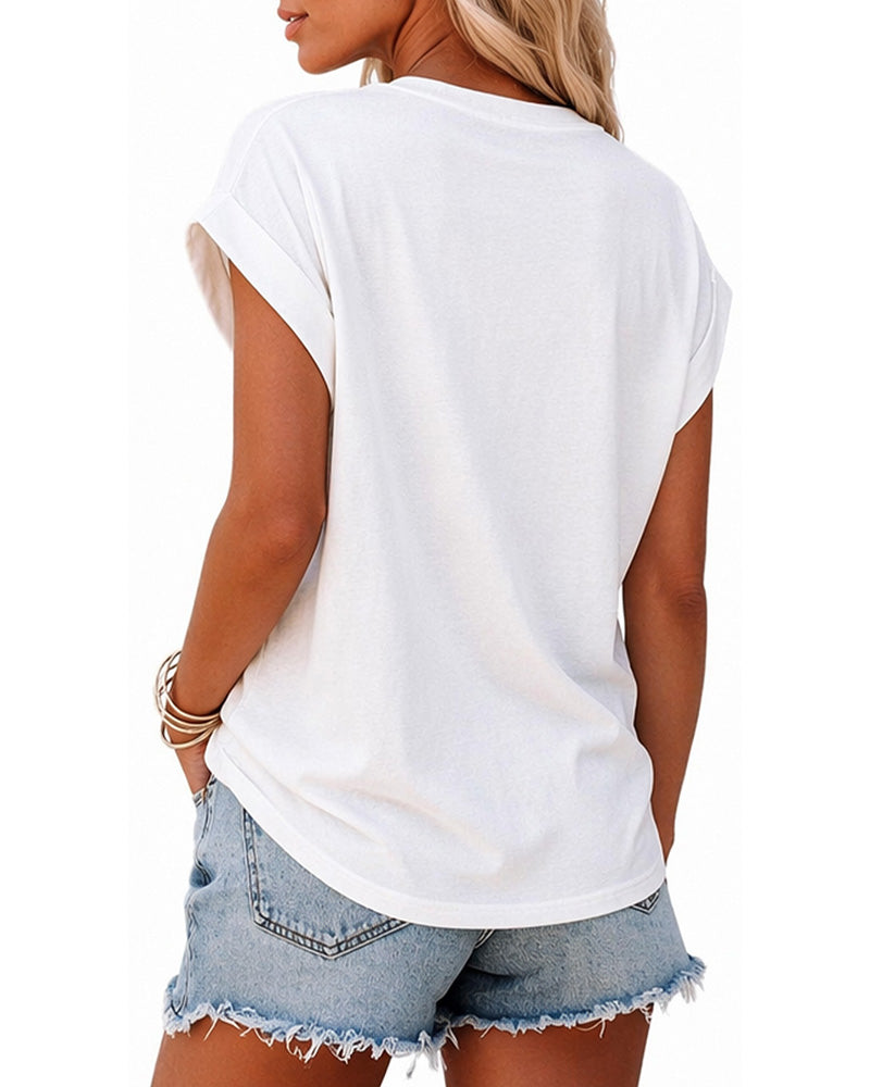 Women's Vintage Leopard Letter Tee Loose Drop Shoulder T Shirt Cap Sleeve Cuffed Casual Crewneck Top