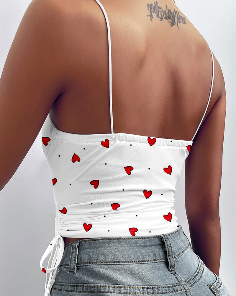 Women's Heart Polka Dot Print Cowl Neck Tank Top Side Drawstring Ruched Backless Slim Fit Cami Top