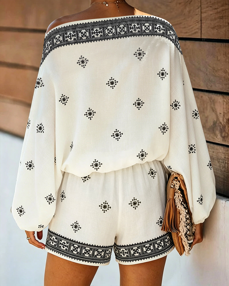Women's Boho Vintage Print 2-Piece Set Off-Shoulder Lantern Sleeve Top and High-Waisted Shorts Casual Beach Vacation Outfit