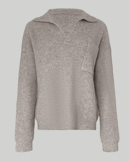 Women's Rib-Knit Polo Sweater V-Neck Collared Long Sleeve Pullover Loose Fit Drop Shoulder Top