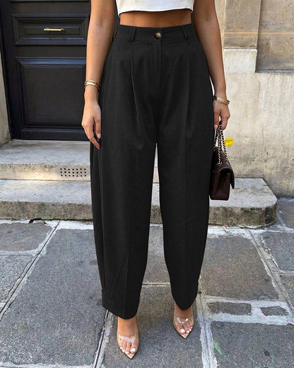 Pantalon sarouel femme taille haute à plis, poches et bas de jambes boutonnés