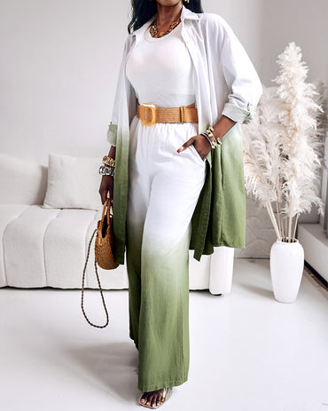 2 Pieces Outfit Ombre Print Long Sleeve Blouse And Casual High Waist Wide Leg Pants Set (Without Belt)