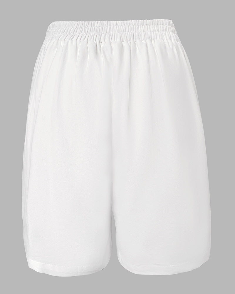 2 Pieces Outfit V Neck Button Front Flap Detail Vest Top and Casual Pockets Design Zipper Fly Elastic Back Waist Shorts Set