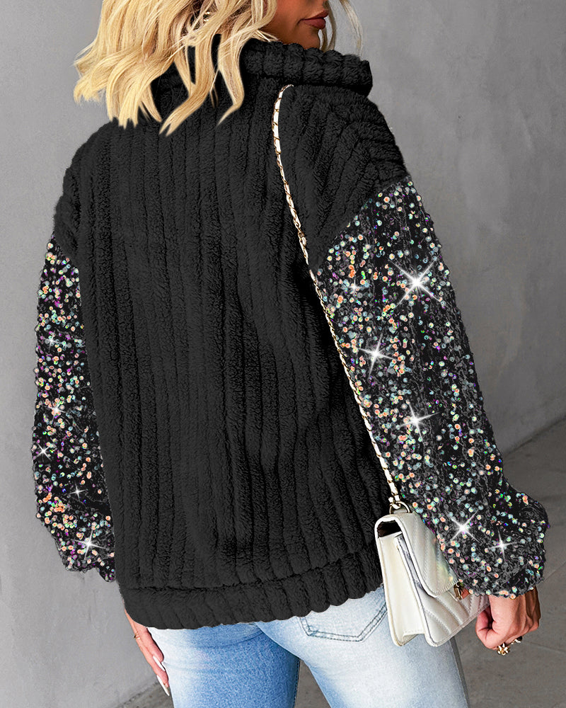 Turn-down Collar Sequin Patch Teddy Jacket
