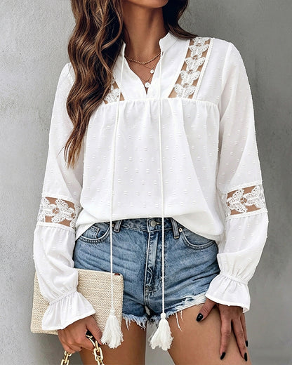 Women's Butterfly Lace Patchwork Jacquard Shirt V-Neck Tassel Tie Blouse Loose Fit Flared Cuffs Hollow-Out Top