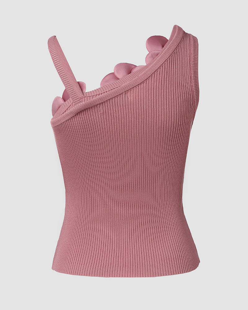 2 Pack Solid 3D Flower Tank Top Asymmetrical Neck Sleeveless Casual Ribbed Knit Camisole
