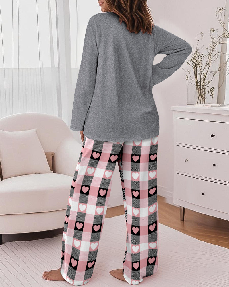 2 Pieces Outfit Letter and Heart Print Long Sleeve Top and Casual Plaid Pnats Sets with Pocket