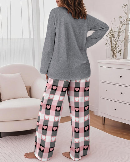 2 Pieces Outfit Letter and Heart Print Long Sleeve Top and Casual Plaid Pnats Sets with Pocket