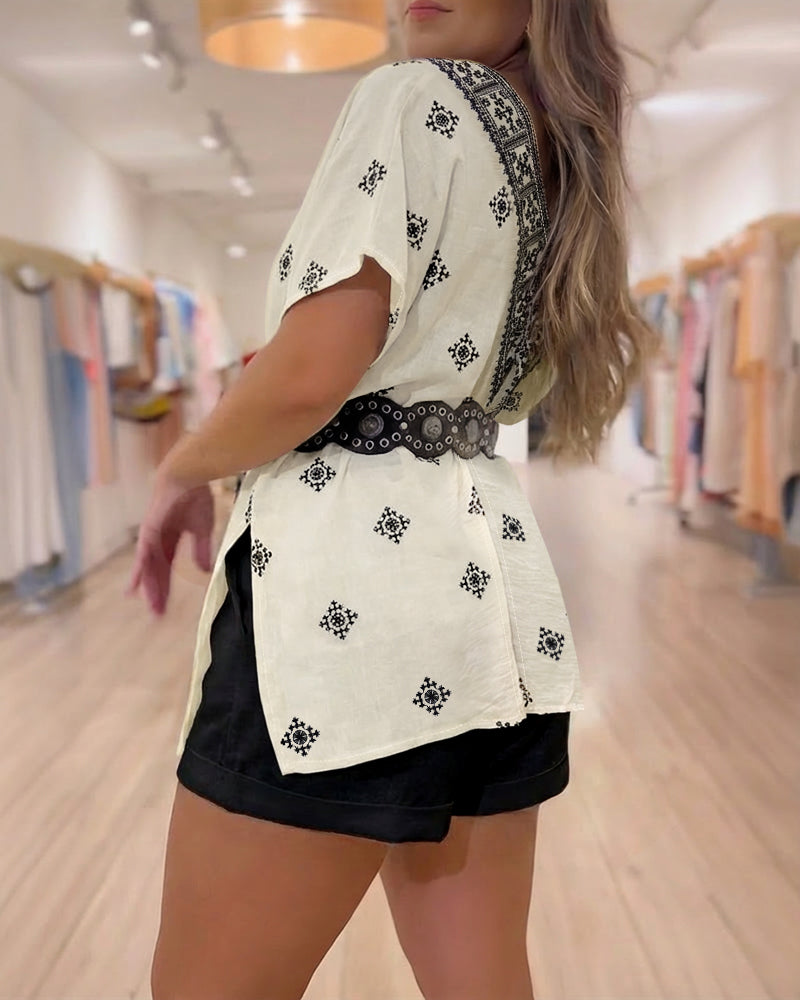 Vintage Baroque Print Off Shoulder Split Sleeve Convertible Shoulder Casual Top with Bandeau