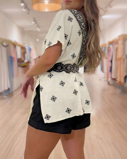 Vintage Baroque Print Off Shoulder Split Sleeve Convertible Shoulder Casual Top with Bandeau