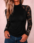 Women's Mock Neck Lace Raglan Long Sleeve Slim Fit Top