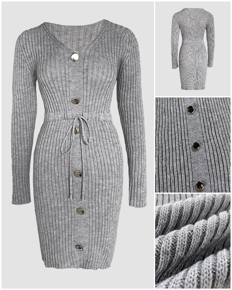 Button Decor V-Neck Long Sleeve Knit Bodycon Dress Drawstring Waist Ribbed Mini Dress