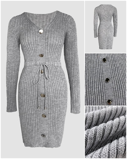 Button Decor V-Neck Long Sleeve Knit Bodycon Dress Drawstring Waist Ribbed Mini Dress