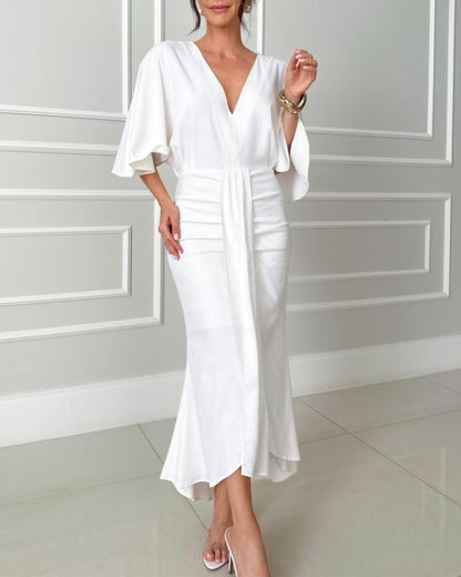 V-Neck Butterfly Sleeve Hollow-out Back Draped Mermaid Hem Dress Elegant Ruched Zipper Back Asymmetrical Hem Evening Dress
