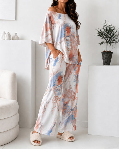 Women's 2 Piece Marble Print Pajama Set Half Sleeve Side Slit Top and Straight Leg Pants Casual Loungewear