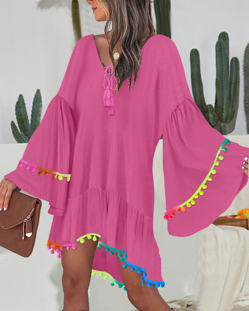 Colorblock V-Neck Bell Sleeve A Line Tassel Mini Dress Vacation Dress