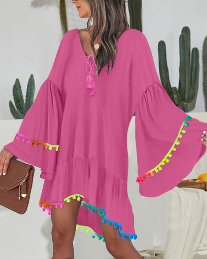 Colorblock V-Neck Bell Sleeve A Line Tassel Mini Dress Vacation Dress