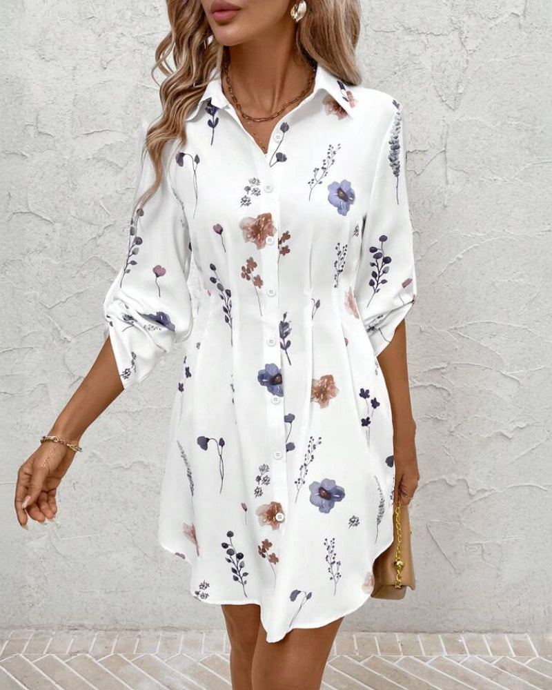 Watercolor Floral Print Turn-down Collar Turn-Up Sleeves Shirred Back Shirt Dress Casual Button Down Cinched Waist Asymmetrical Hem Vacation Dress