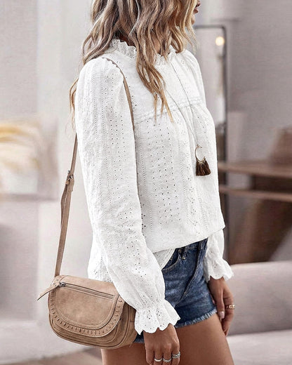Women's French Style Eyelet Embroidery Blouse Elegant Frill Hem Stand Collar Puff Sleeve Top Lace Patchwork Shirt
