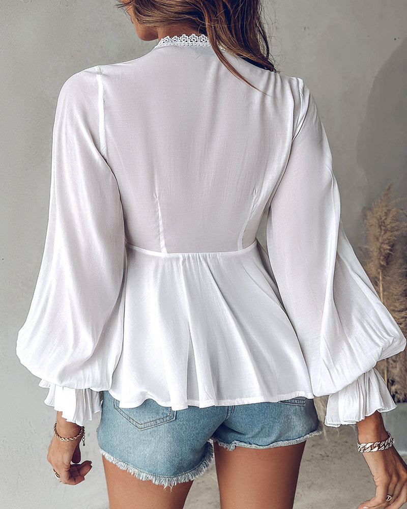 Plunge Lantern Sleeve Contrast Lace Blouses Sexy Frill Hem Tied Detail Top