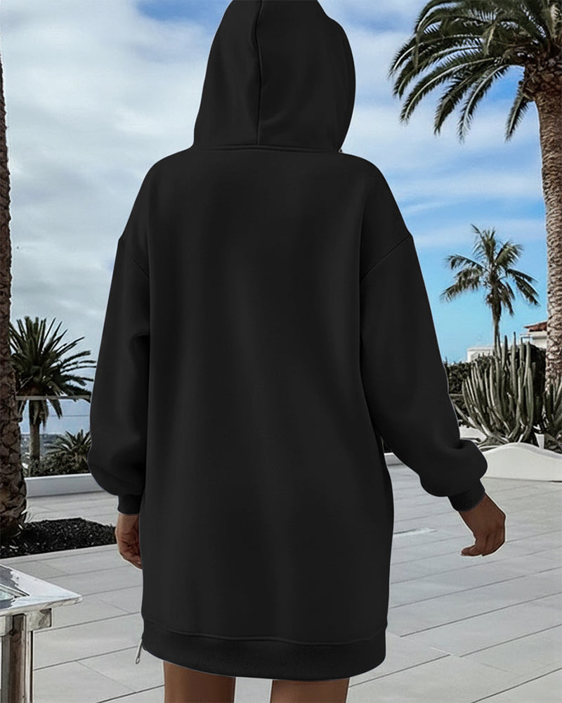 Long Sleeve Pocket Design Pullover Sweatshirt Casual Faux Two Piece Longline Drawstring Hooded Top