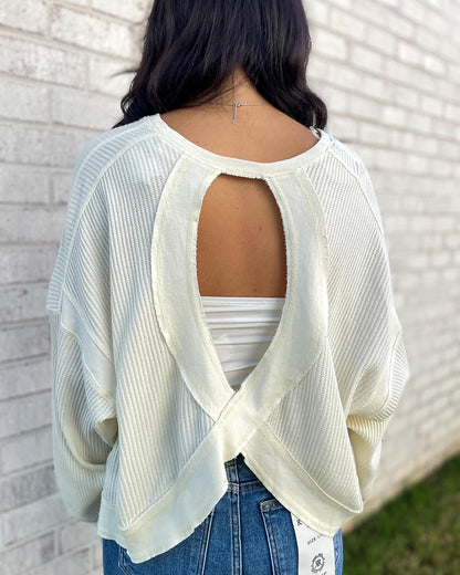 Plain Long Sleeve Cold Shoulder Waffle Knit Blouse Casual Criss Cross Backless Detail Pullover Top