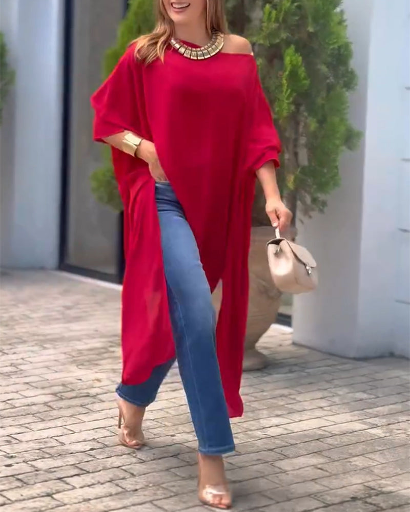 Women's Skew Neck Batwing Sleeve Tee Asymmetric Loose Cape Blouse Slit Elegant Top