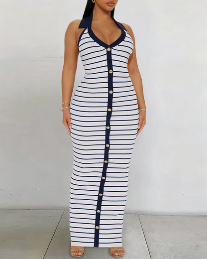 Women's Striped Halter Neck Ribbed Maxi Dress Elegant Gold Button Backless Deep V Lapel Collar Bodycon Dress