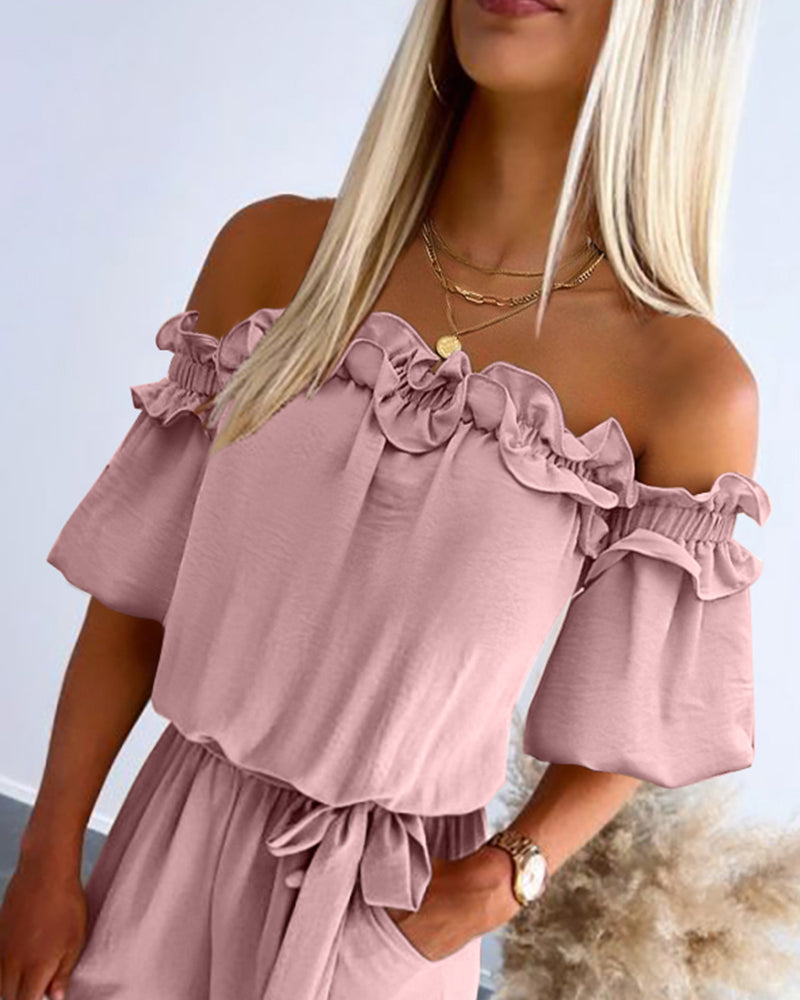 Off Shoulder Frill Hem Tied Detail Jumpsuit
