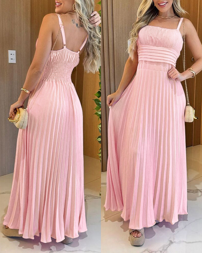 French Style Square Neck Adjustable Straps Backless Cami Maxi Dress Casual Cinched Waist Shirred Back Pleated Vacation Dress