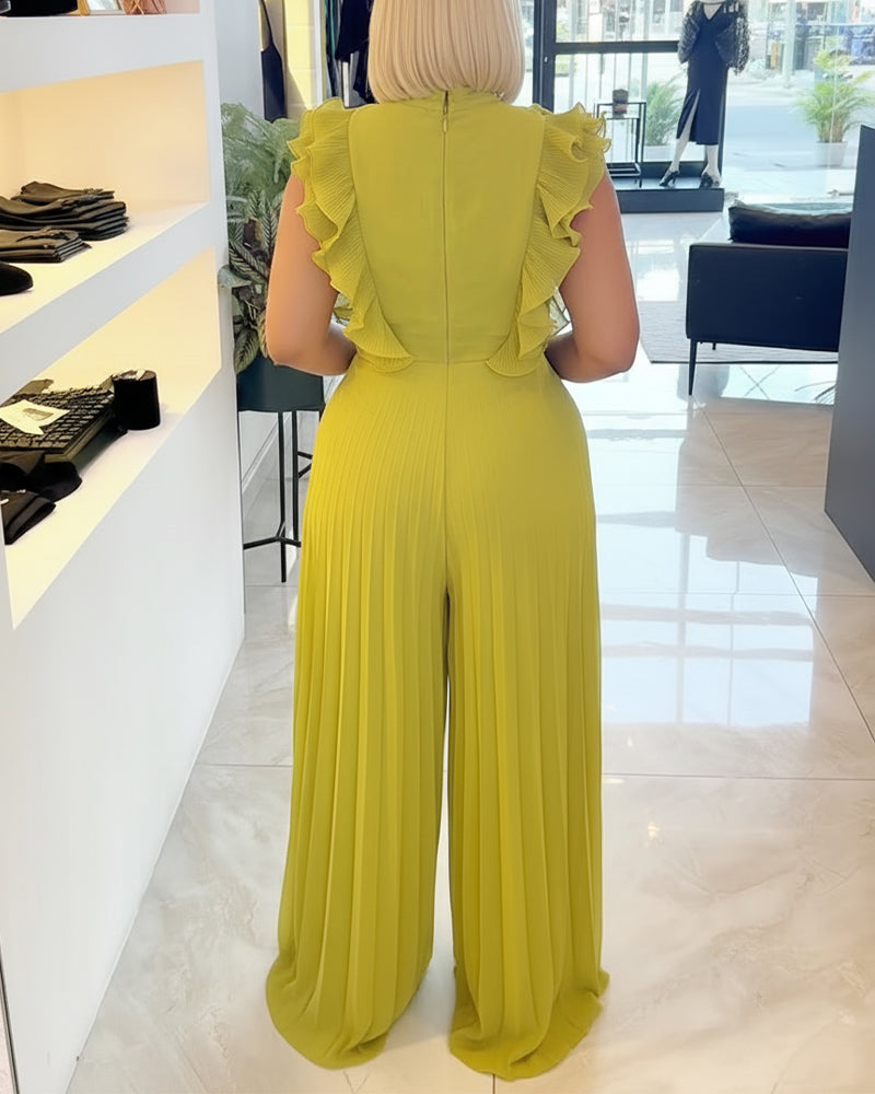 Ruffles Spliced V-Neck Sleeveless Button Front Pleated Overalls Casual Zipper Back Wide Leg Jumpsuit