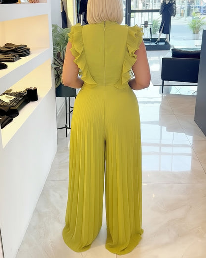 Ruffles Spliced V-Neck Sleeveless Button Front Pleated Overalls Casual Zipper Back Wide Leg Jumpsuit