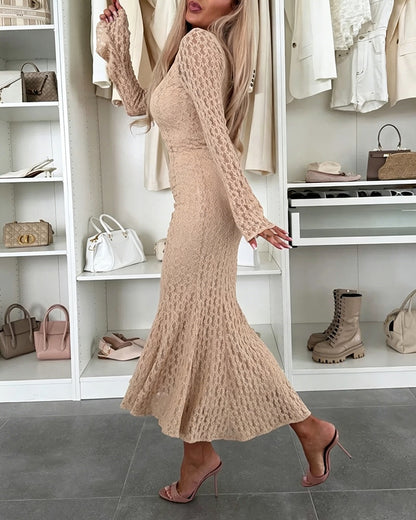 Women's Elegant Lace Mock Neck Bodycon Dress Slim Fit Flare Long Sleeve Mermaid Dress Evening Gown