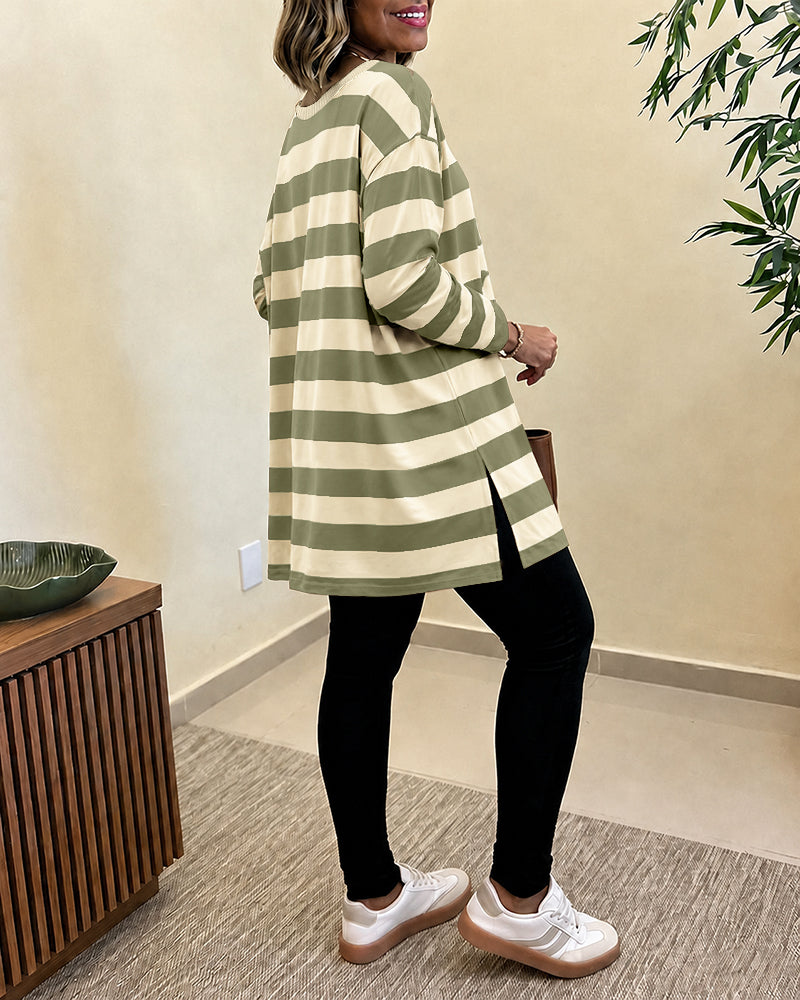Women's Striped T Shirt Long Sleeve Drop Shoulder Crewneck Tee Side Slit Casual Loose Fit Top